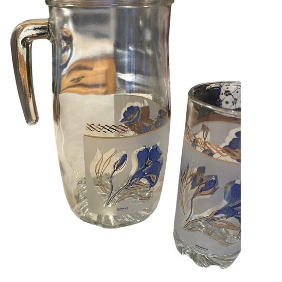 Mid-century Modern Blue and Gold Pitcher Set – Vintage  Vintage Cerve DeValbor Pitcher & Four Glasses Blue-Gold Floral Matte background